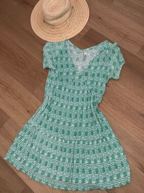 White & Green Printed V-Neck Mini Dress